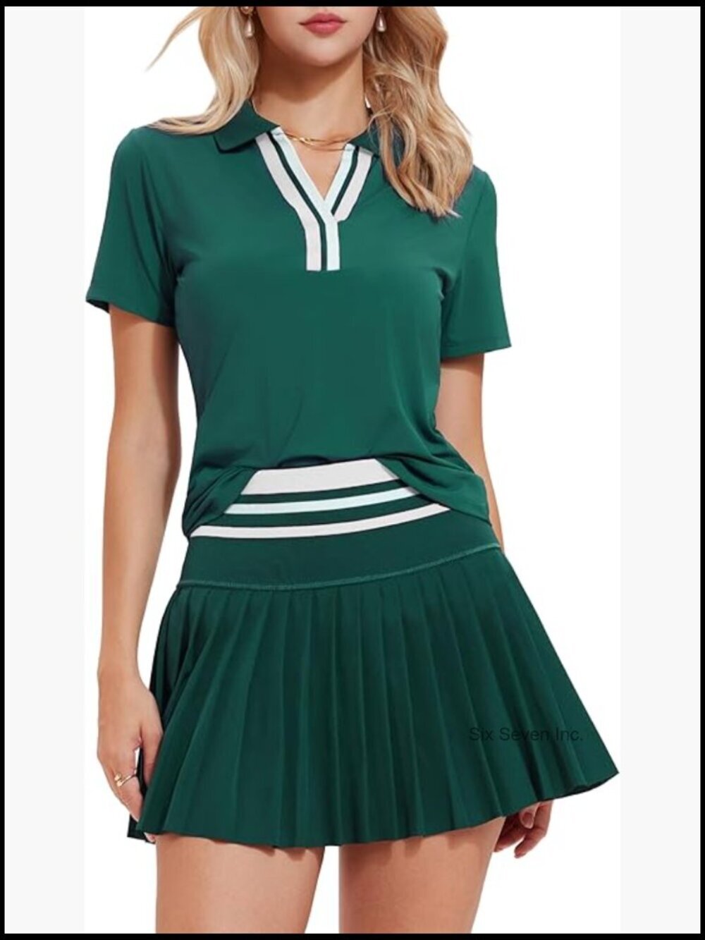 Color Block V Neck Tennis Skirt Set Pleated Athletic Two Piece with Built-in